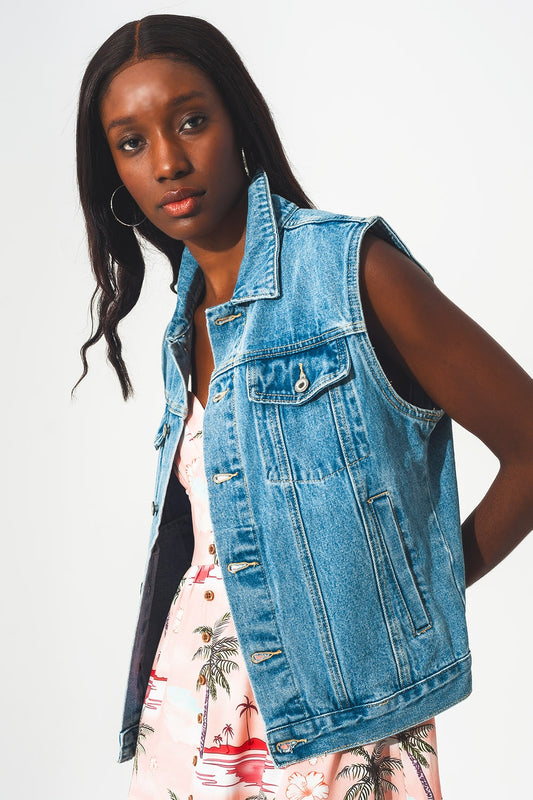 cotton sleeveless denim jacket in 70s blue - Jackets
