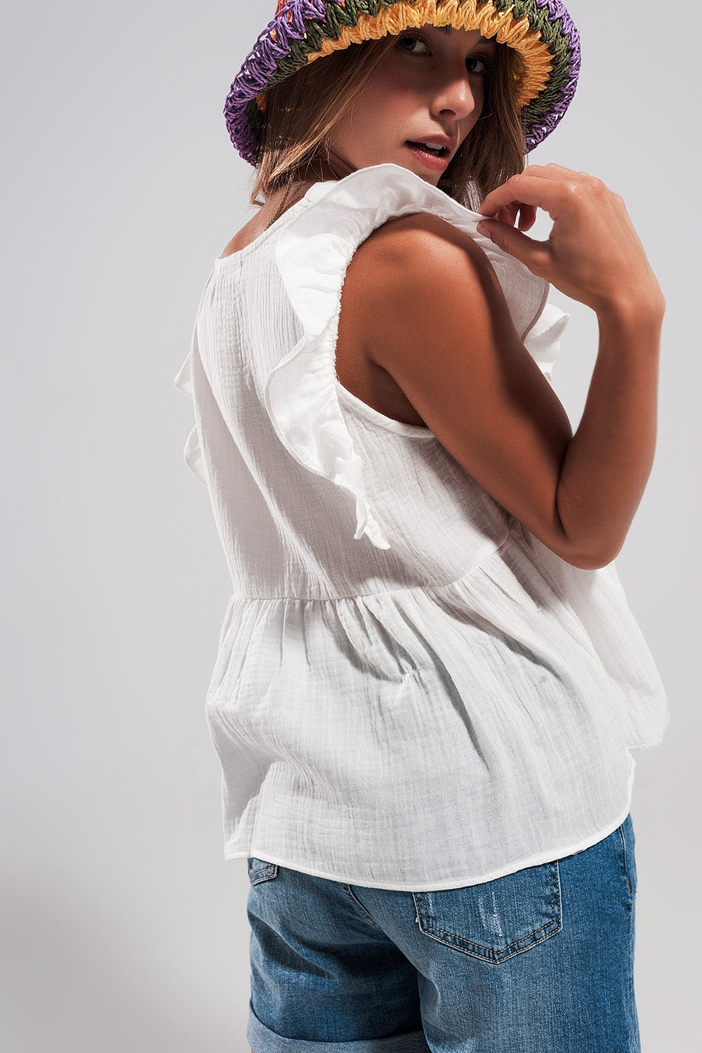 Cotton tank top with ruffle sleeves in white - Tank Tops