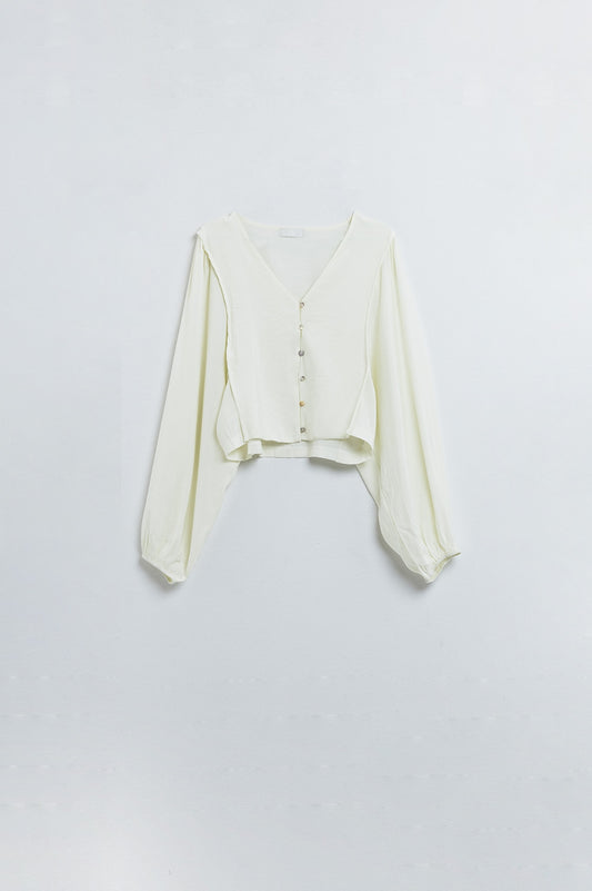 Cream blouse with balloon sleeves and frontal closure with buttons - Jumpers