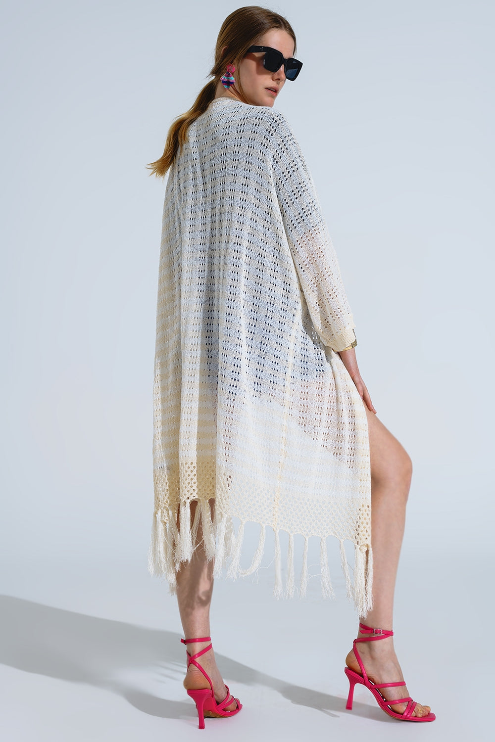 Cream Boho Style Cardigan With Stripes Pointelle Knit and Fringe Details - Cardigans