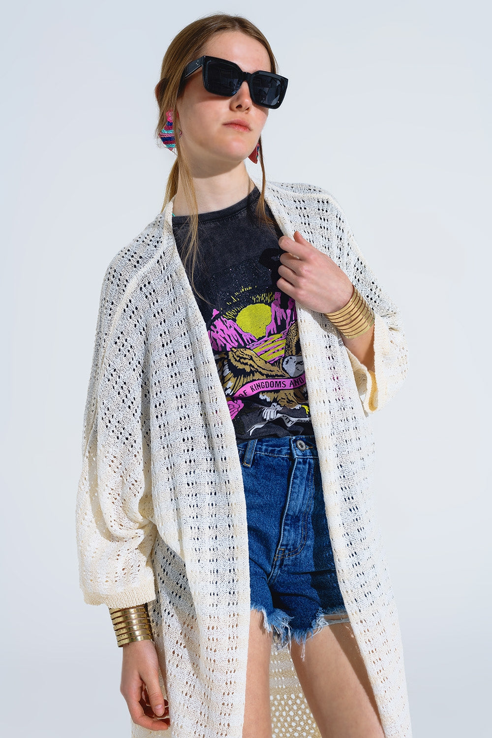 Cream Boho Style Cardigan With Stripes Pointelle Knit and Fringe Details - Cardigans