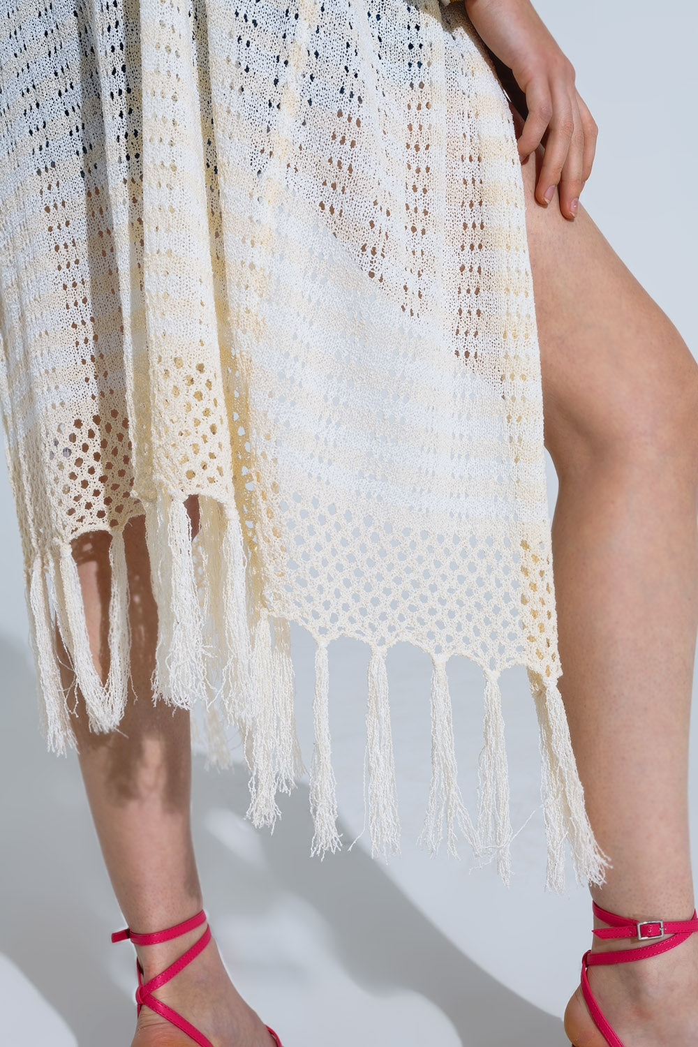 Cream Boho Style Cardigan With Stripes Pointelle Knit and Fringe Details - Cardigans