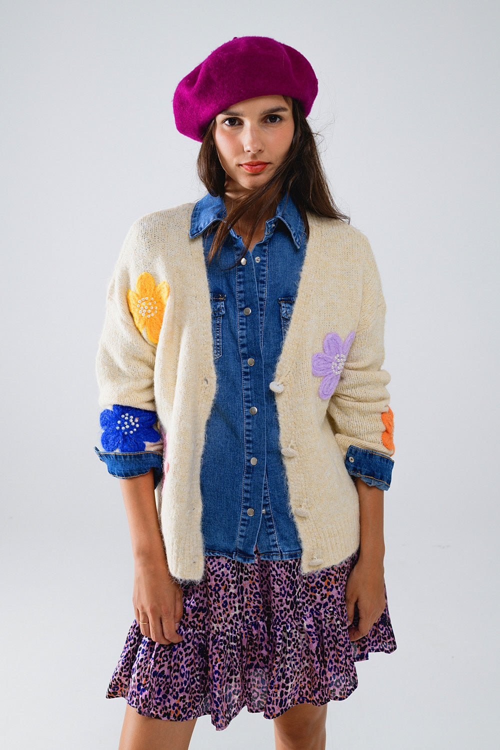 Cream Cardigan With EMbroidered Flowers - Cardigans