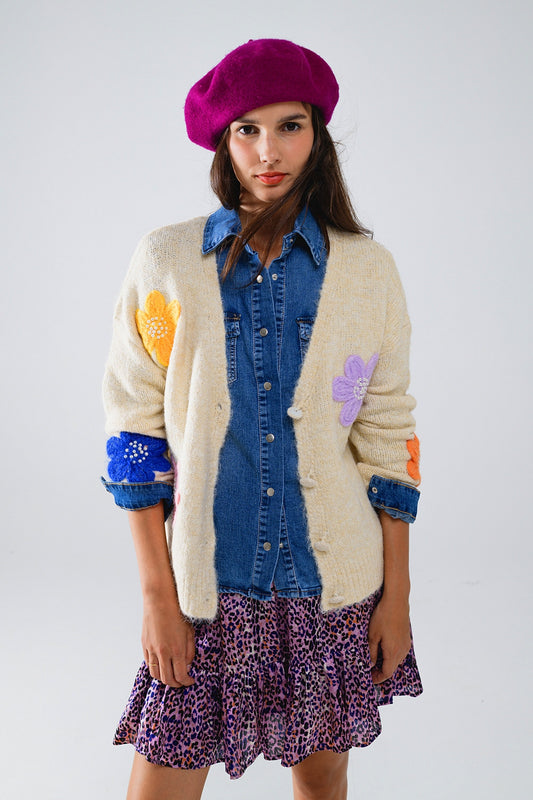 Cream Cardigan With EMbroidered Flowers - Cardigans