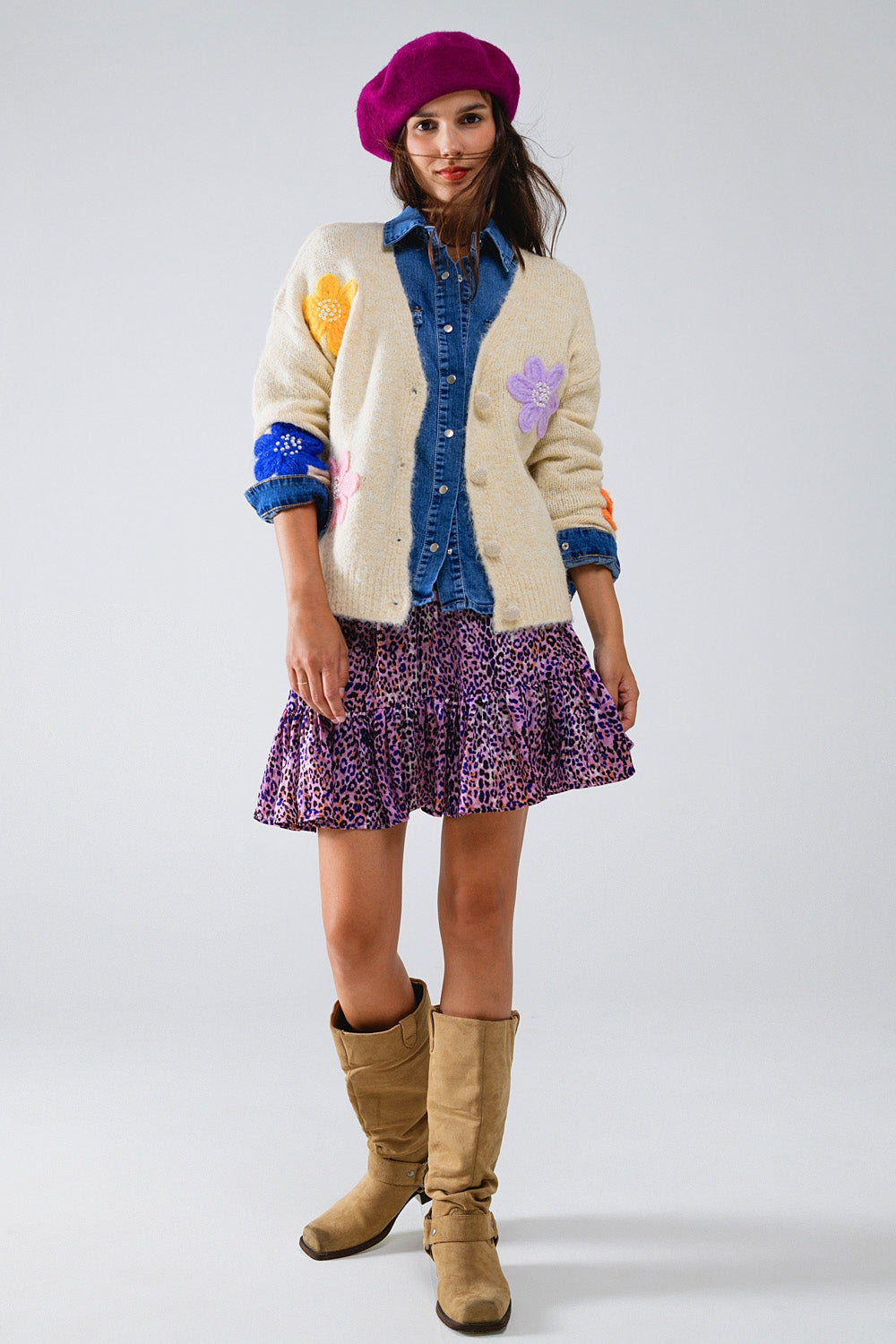Cream Cardigan With EMbroidered Flowers - Cardigans