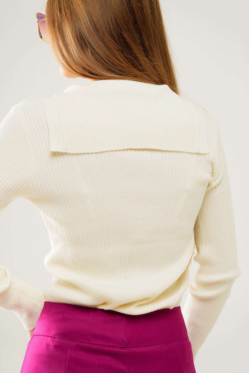 cream Collared Rib sweater With Long Sleeves