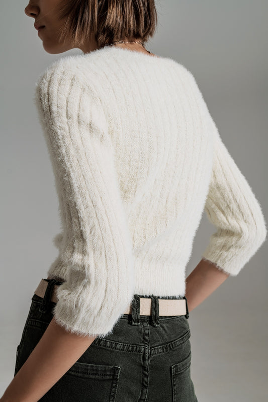 cream fluffy knit sweater with 3/4 sleeves - Jumpers