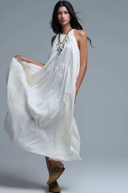 Cream Halter Neck Maxi Dress With Seam Detailing - Dresses