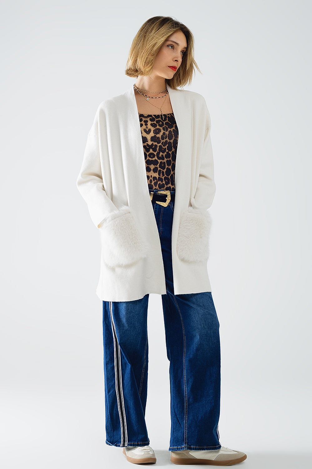 cream High quality knitted maxi cardigan with fur pockets - Cardigans