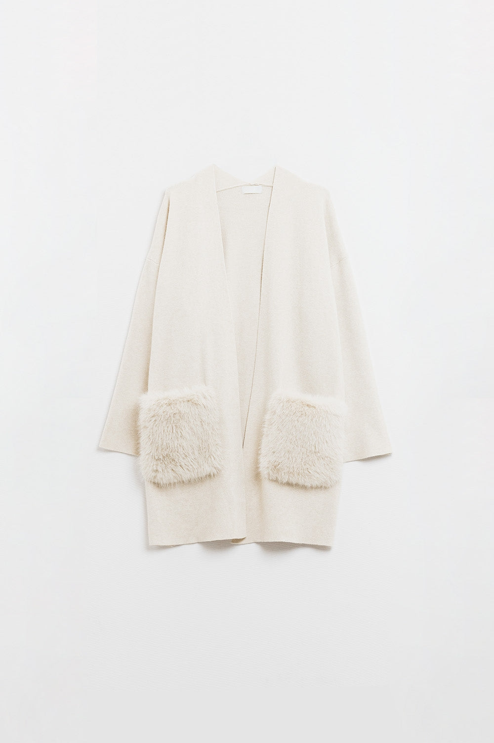 cream High quality knitted maxi cardigan with fur pockets - Cardigans