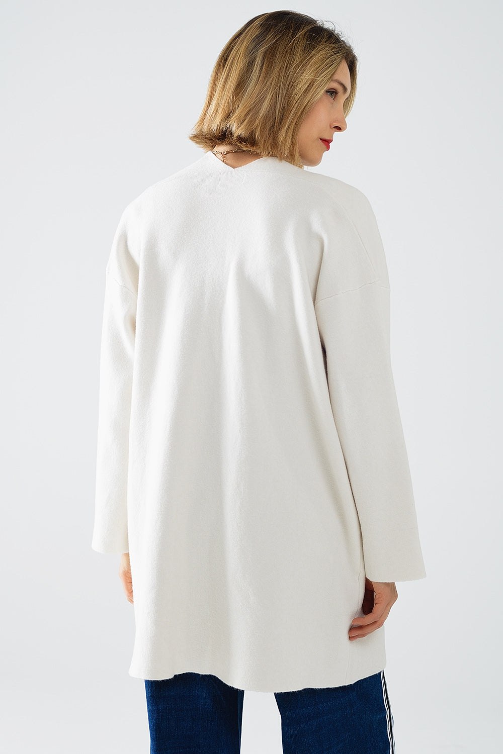 cream High quality knitted maxi cardigan with fur pockets - Cardigans