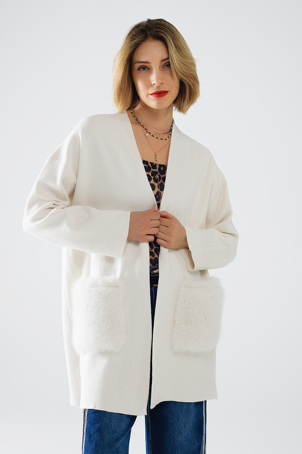 cream High quality knitted maxi cardigan with fur pockets - Cardigans