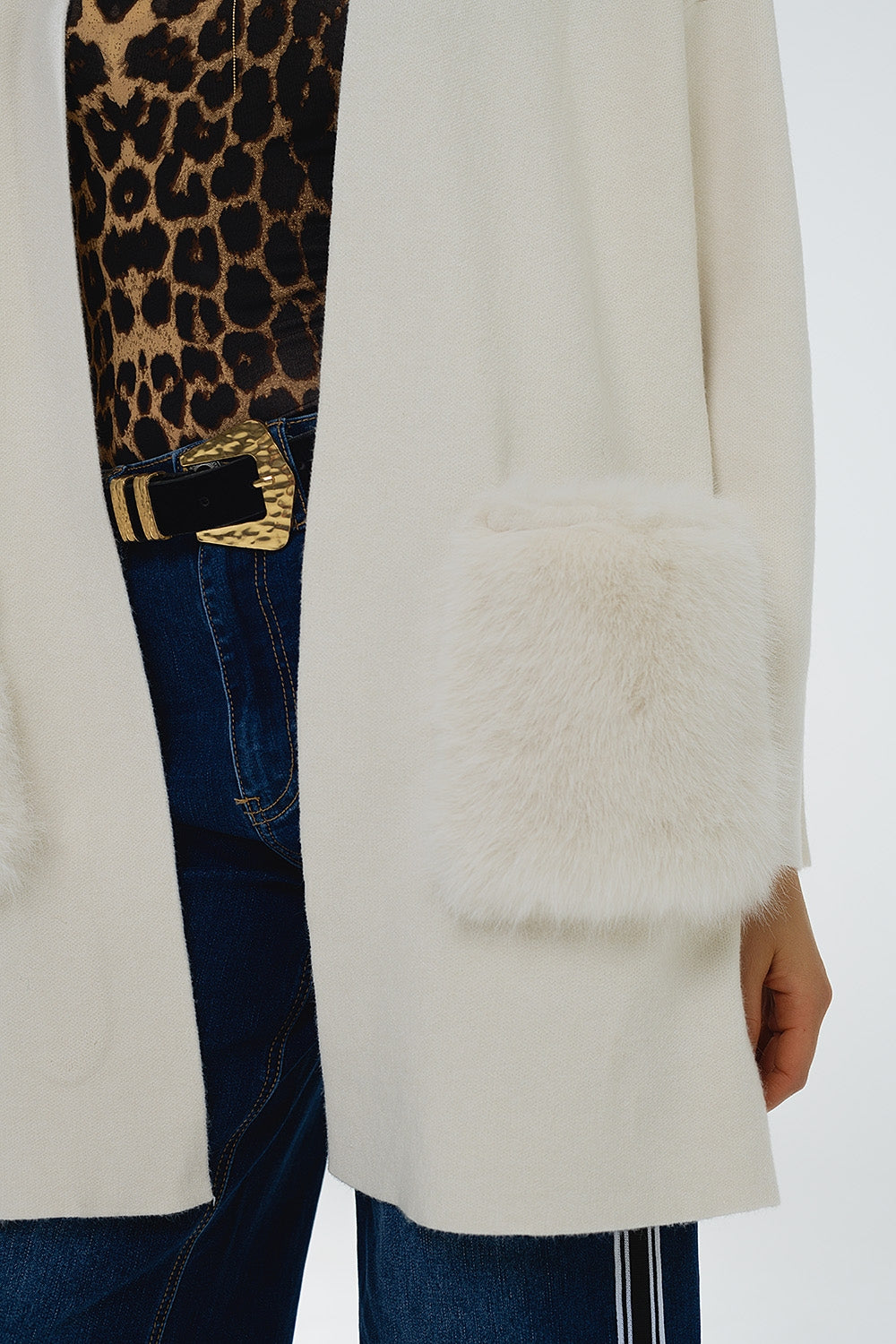 cream High quality knitted maxi cardigan with fur pockets - Cardigans