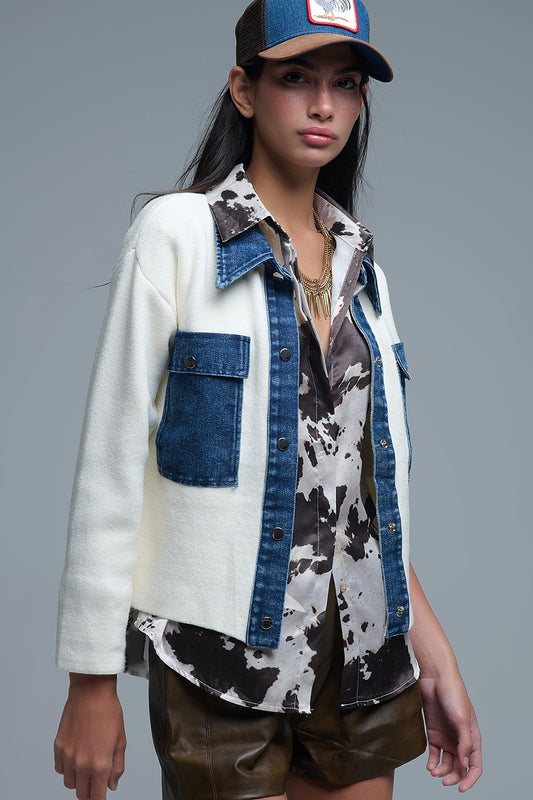 Cream Knitted Cardigan With Blue Denim Details - Coats and Jackets