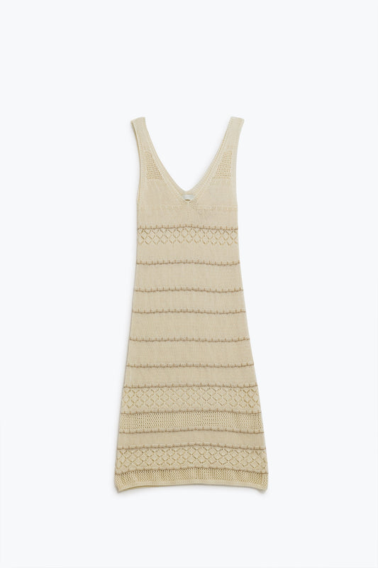 Cream Midi Sleeveless Dress With V-neck and Crochet Design - Dresses