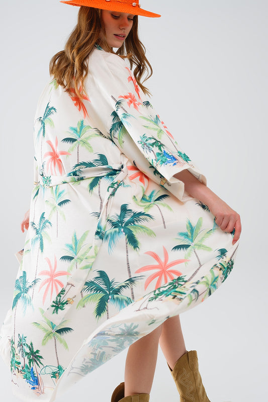 Cream Open Kimono with Beach Print in Midi Length - Kimonos