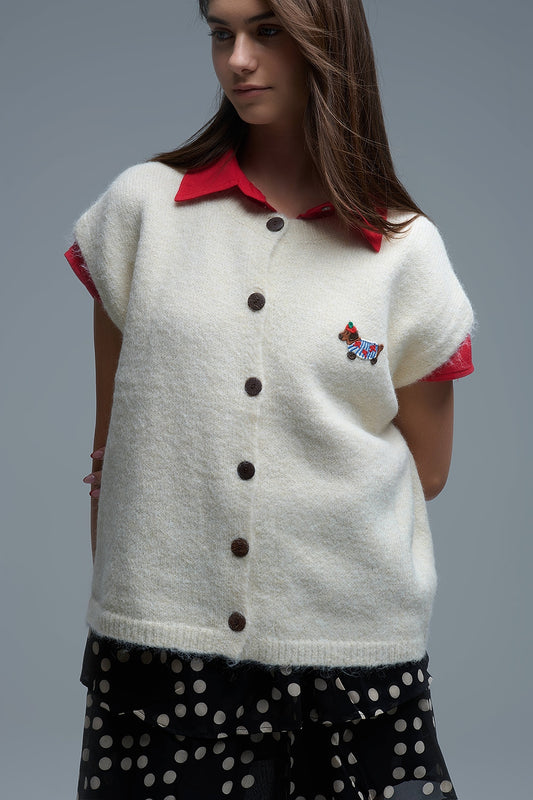 Cream relaxed knitted Vest With Embroidered cute Dog Detail - Sweaters