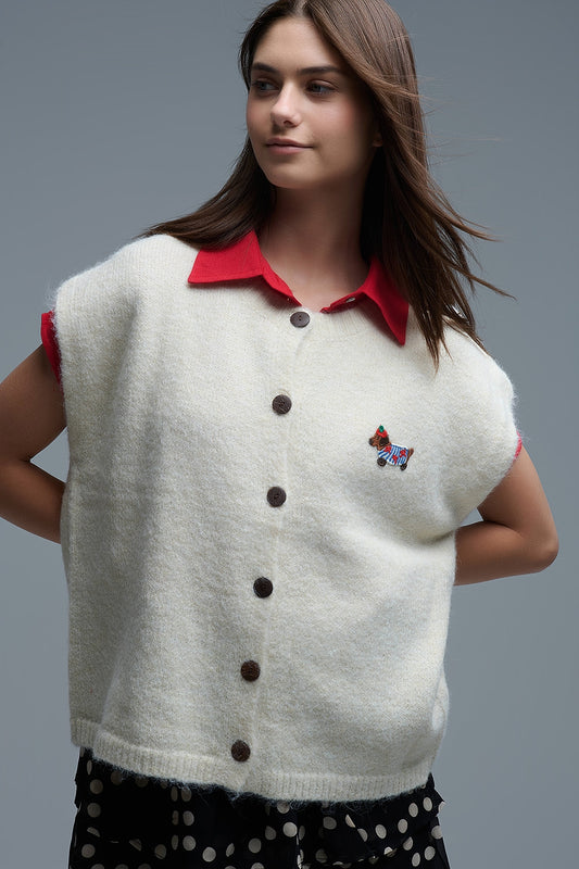 Cream relaxed knitted Vest With Embroidered cute Dog Detail - Sweaters