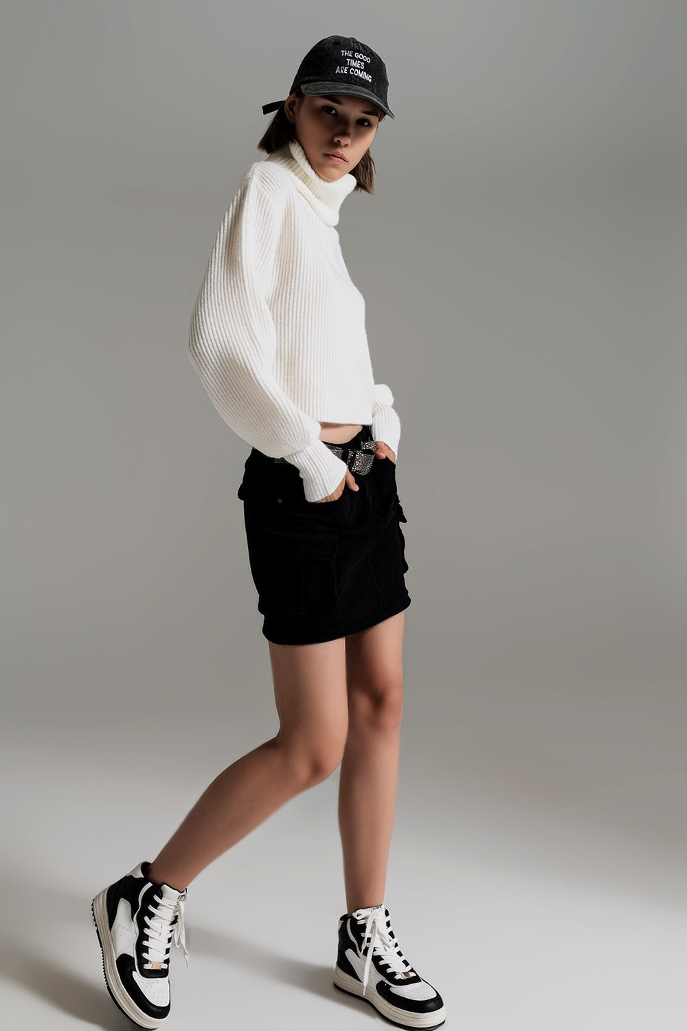 Cream ribbed knit turtleneck jumper with balloon sleeves Q2 Sweaters BoutiqueLua