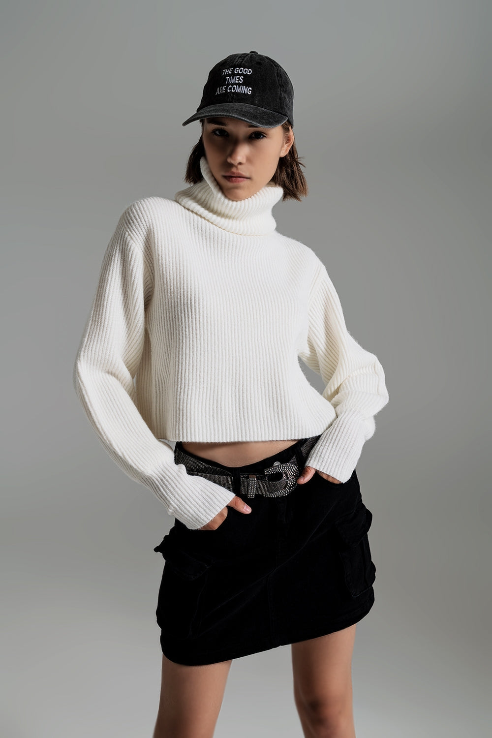 Cream ribbed knit turtleneck jumper with balloon sleeves Q2 Sweaters BoutiqueLua