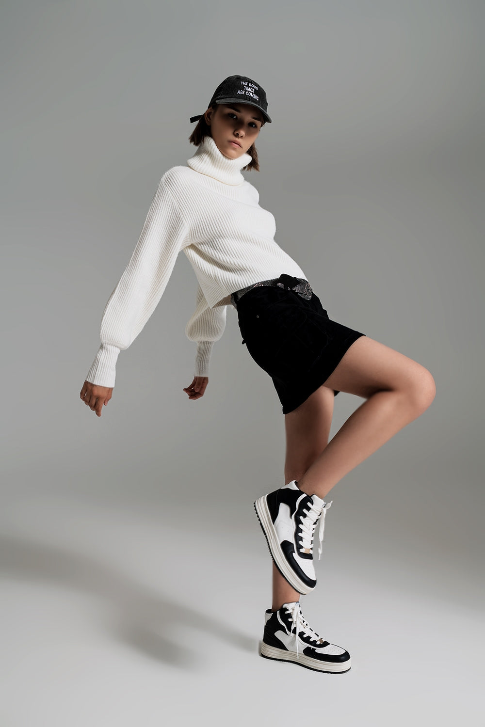 Cream ribbed knit turtleneck jumper with balloon sleeves Q2 Sweaters BoutiqueLua