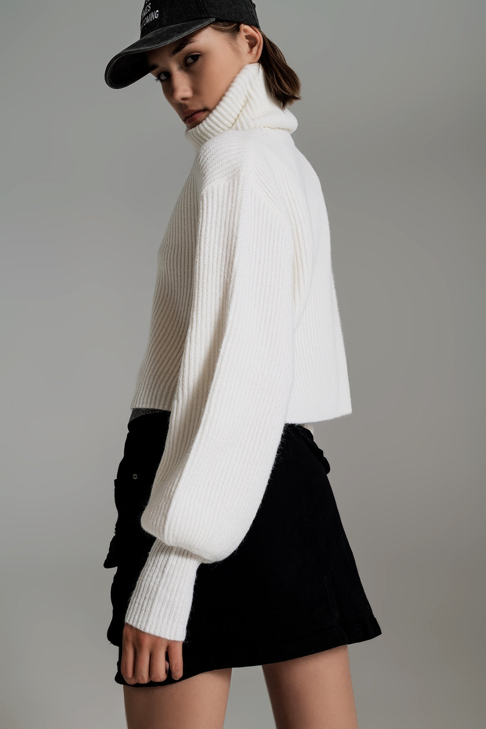 Cream ribbed knit turtleneck jumper with balloon sleeves Q2 Sweaters BoutiqueLua