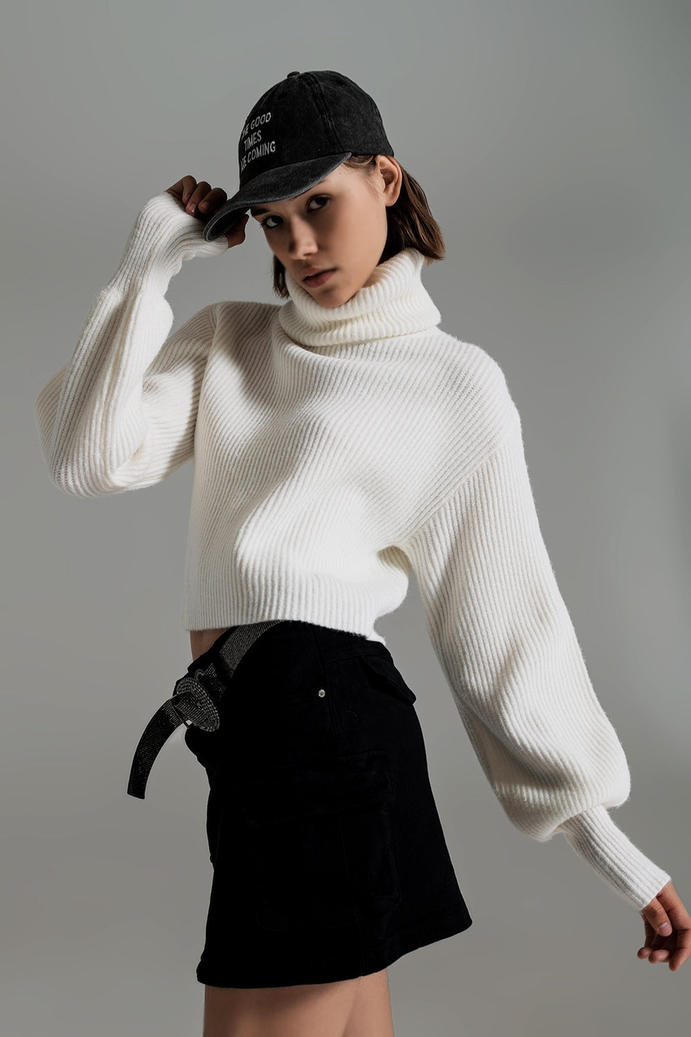 Cream ribbed knit turtleneck jumper with balloon sleeves Q2 Sweaters BoutiqueLua