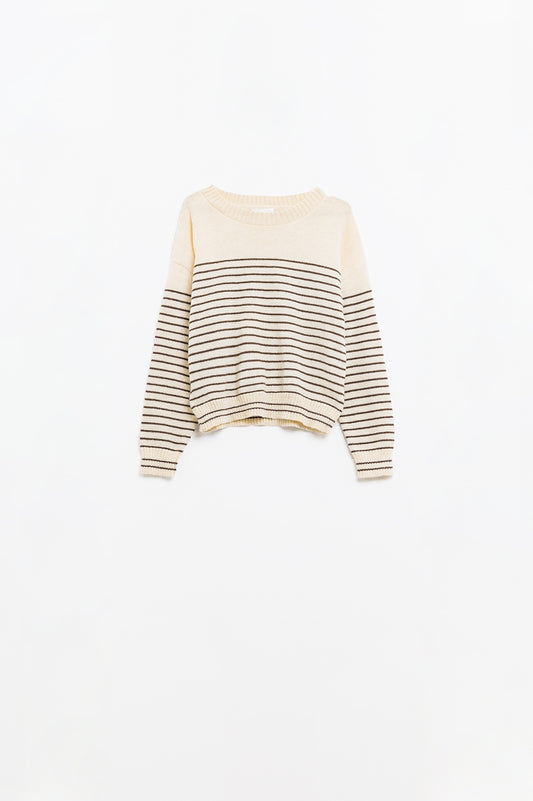 Cream sweater with brown stripes and boat neck - Sweaters