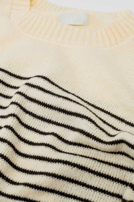 Cream sweater with brown stripes and boat neck - Sweaters