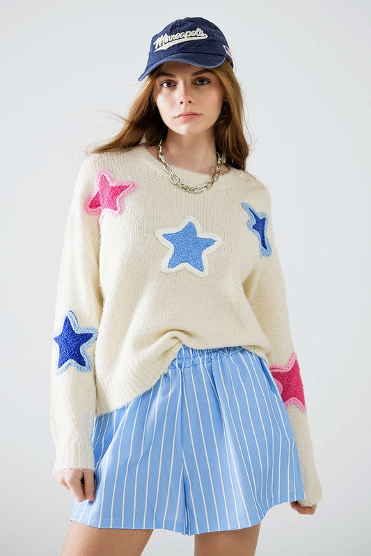 Cream Sweater With Embroidered Stars - Jumpers