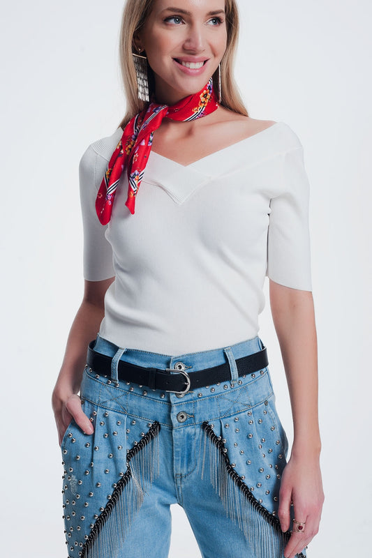 cream sweater with v neck and short sleeves - T-shirts