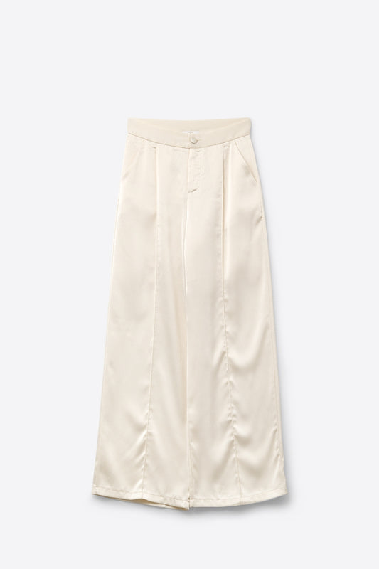 cream wide leg pants in textured satin - Pants