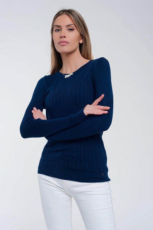 Crew neck ribbed sweater in navy - Jumpers