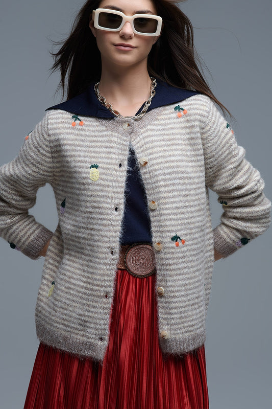 Crew Neck Striped Cardigan With Embroidered Fruits in Beige - Sweaters