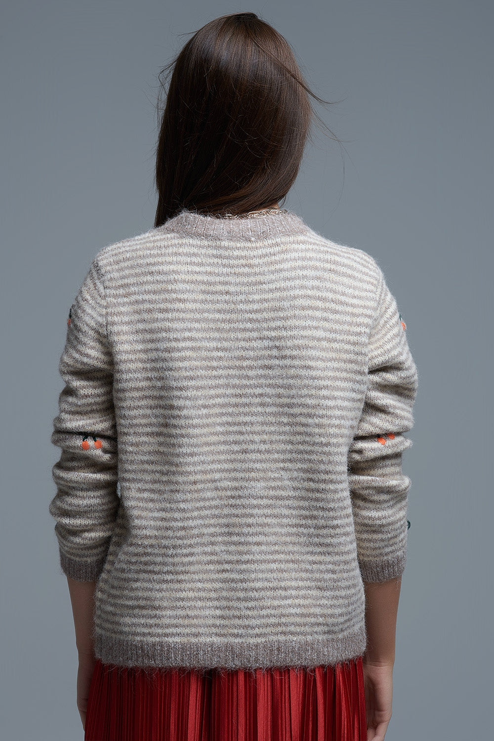 Crew Neck Striped Cardigan With Embroidered Fruits in Beige - Sweaters
