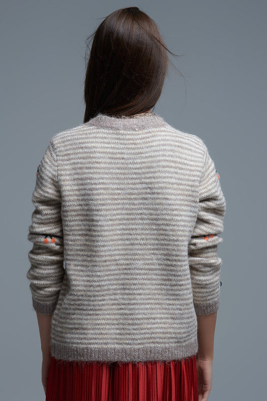 Crew Neck Striped Cardigan With Embroidered Fruits in Beige - Sweaters