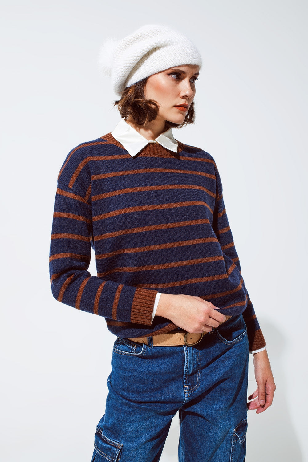 Crew Neck Stripy Sweater in Navy and Rust Orange - Jumpers