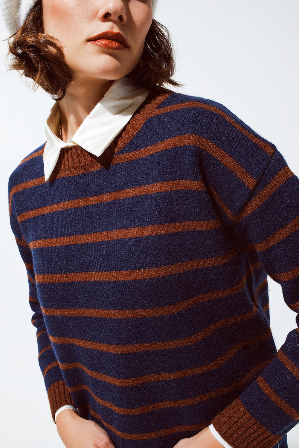 Crew Neck Stripy Sweater in Navy and Rust Orange - Jumpers