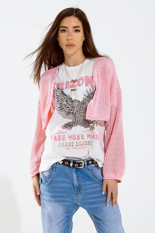 Crochet basic cropped cardigan in baby pink - Cardigans