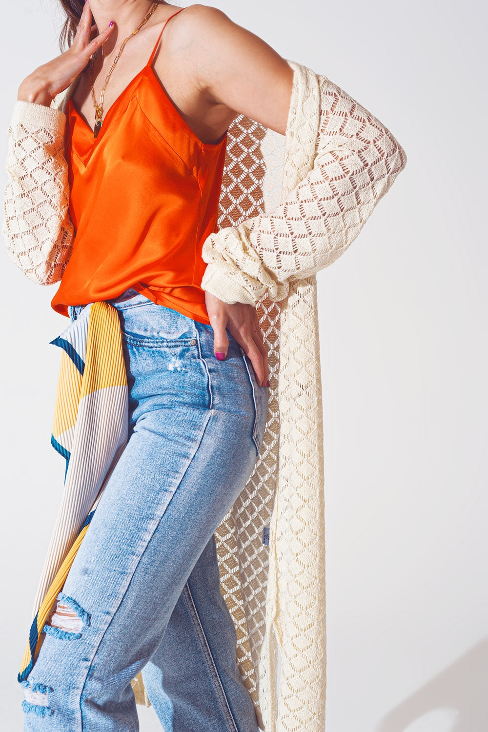 Crochet Midi Cardigan in Cream Q2 Sweaters BoutiqueLua