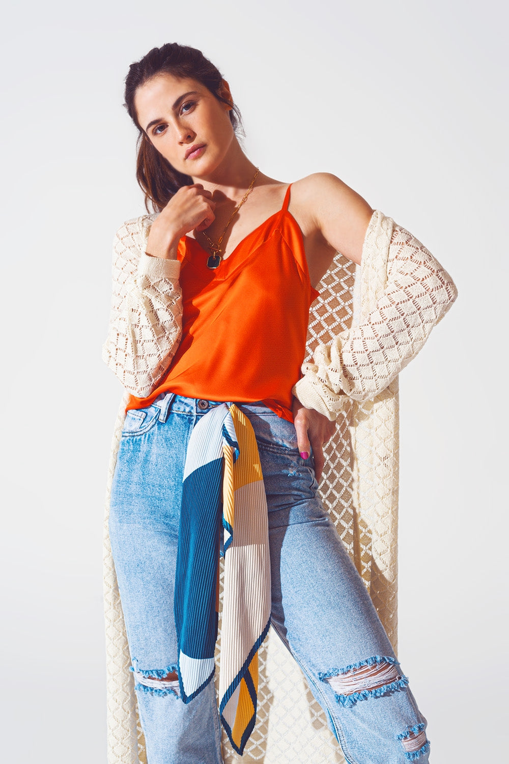 Crochet Midi Cardigan in Cream Q2 Sweaters BoutiqueLua