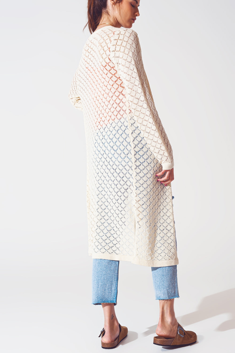 Crochet Midi Cardigan in Cream Q2 Sweaters BoutiqueLua