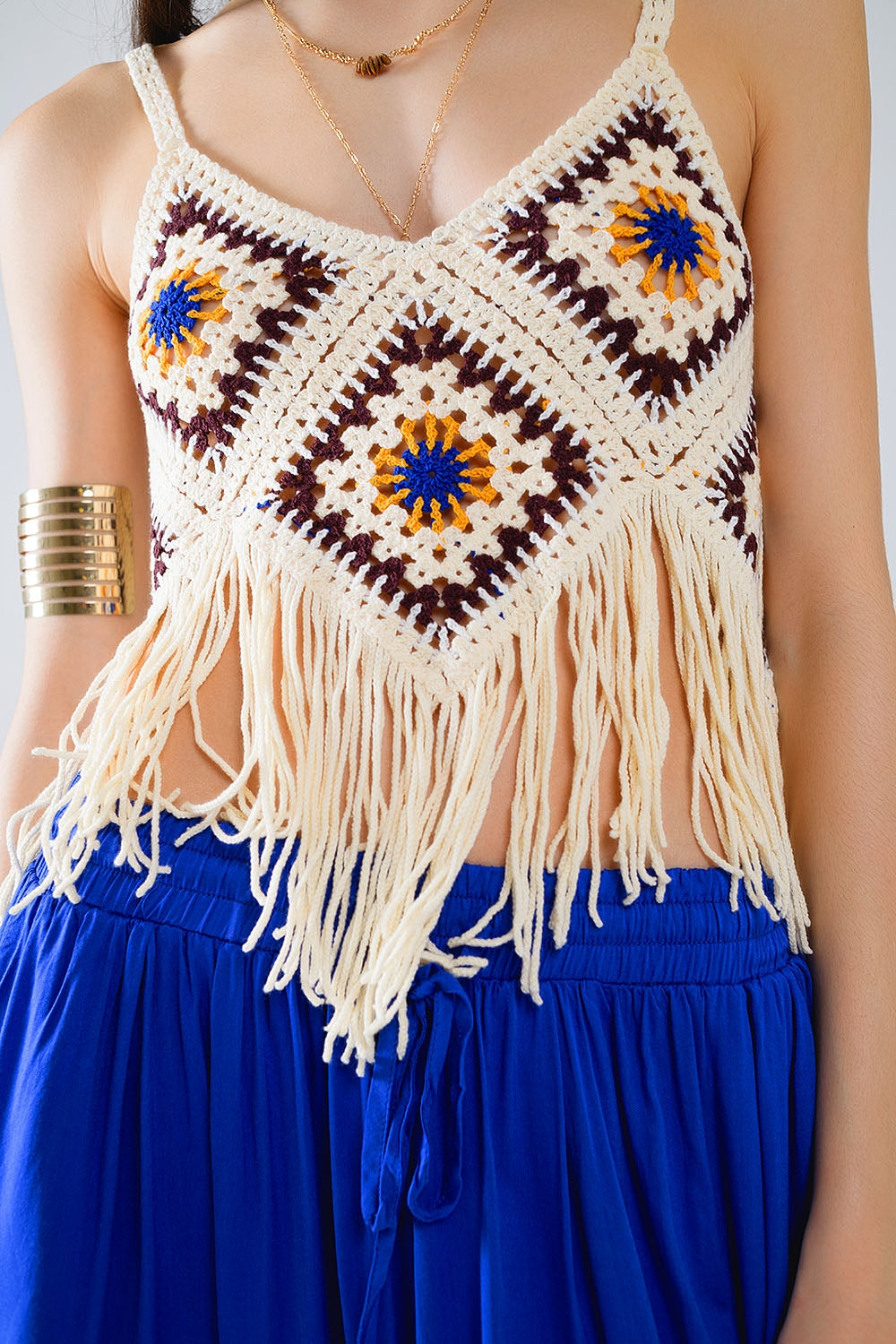 Crochet Top With Fringe Ends In Cream - Tops