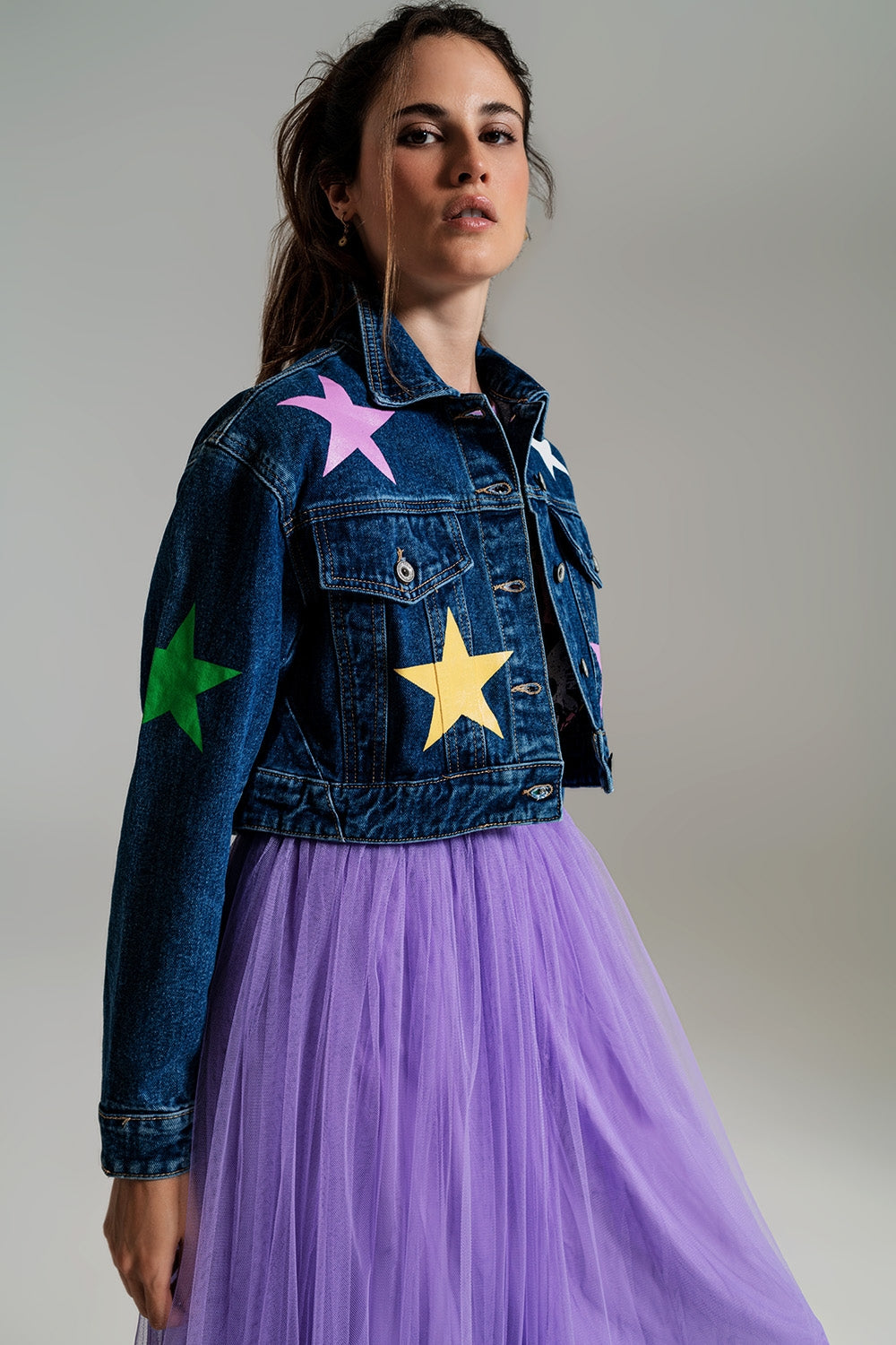 crop denim jacket with multicolored stars Q2 Coats and Jackets BoutiqueLua