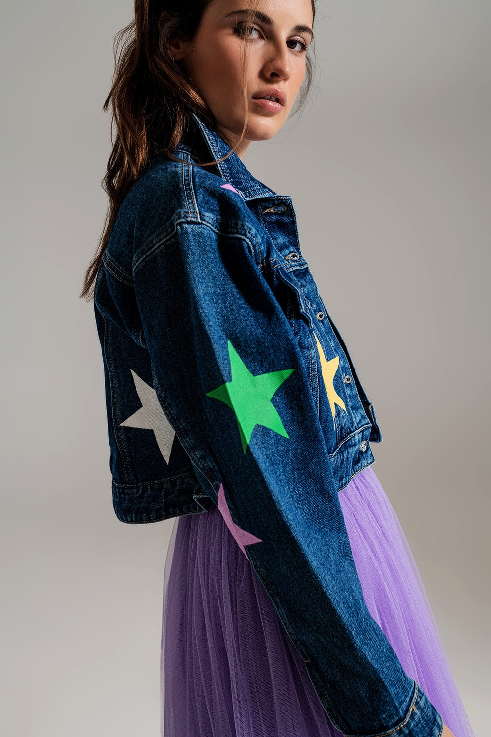 crop denim jacket with multicolored stars Q2 Coats and Jackets BoutiqueLua