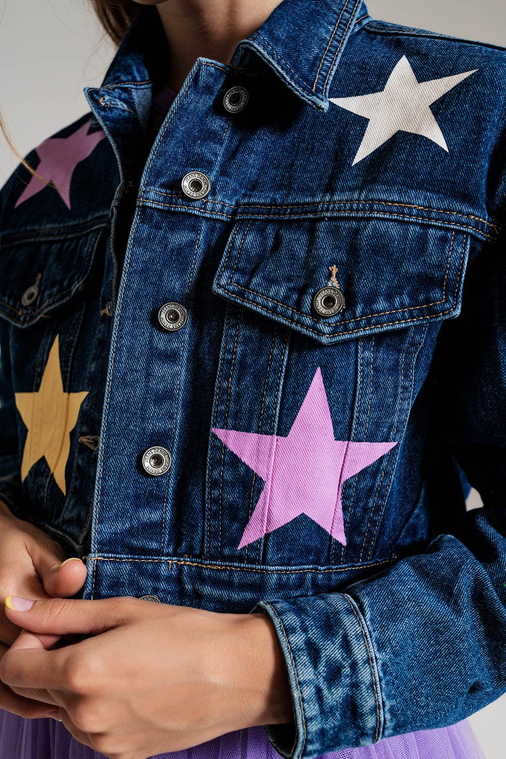 crop denim jacket with multicolored stars Q2 Coats and Jackets BoutiqueLua