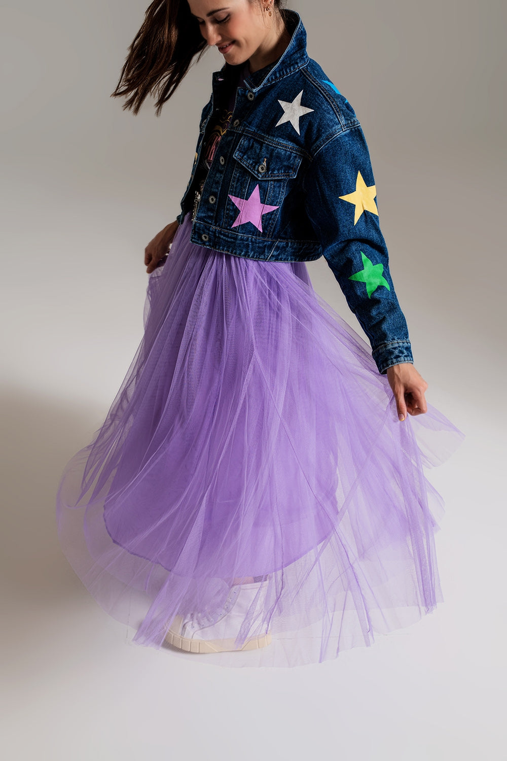 crop denim jacket with multicolored stars Q2 Coats and Jackets BoutiqueLua