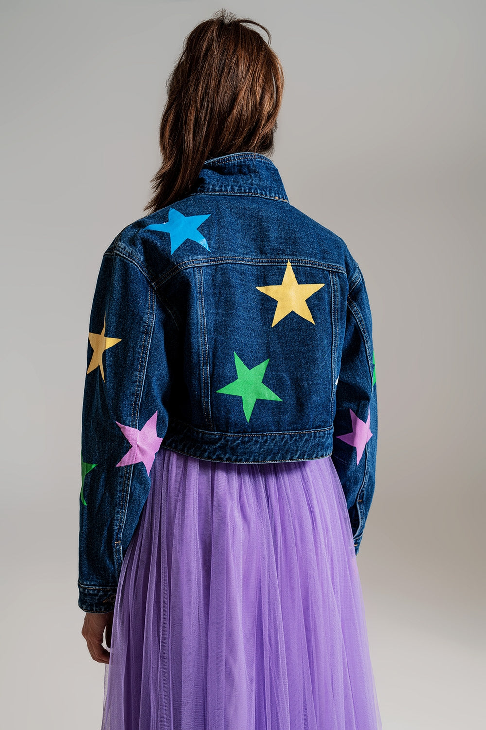 crop denim jacket with multicolored stars Q2 Coats and Jackets BoutiqueLua