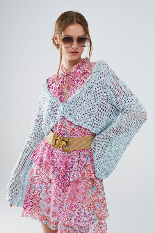 Cropped Cardigan In Baby Blue With Tie Closing - Cardigans