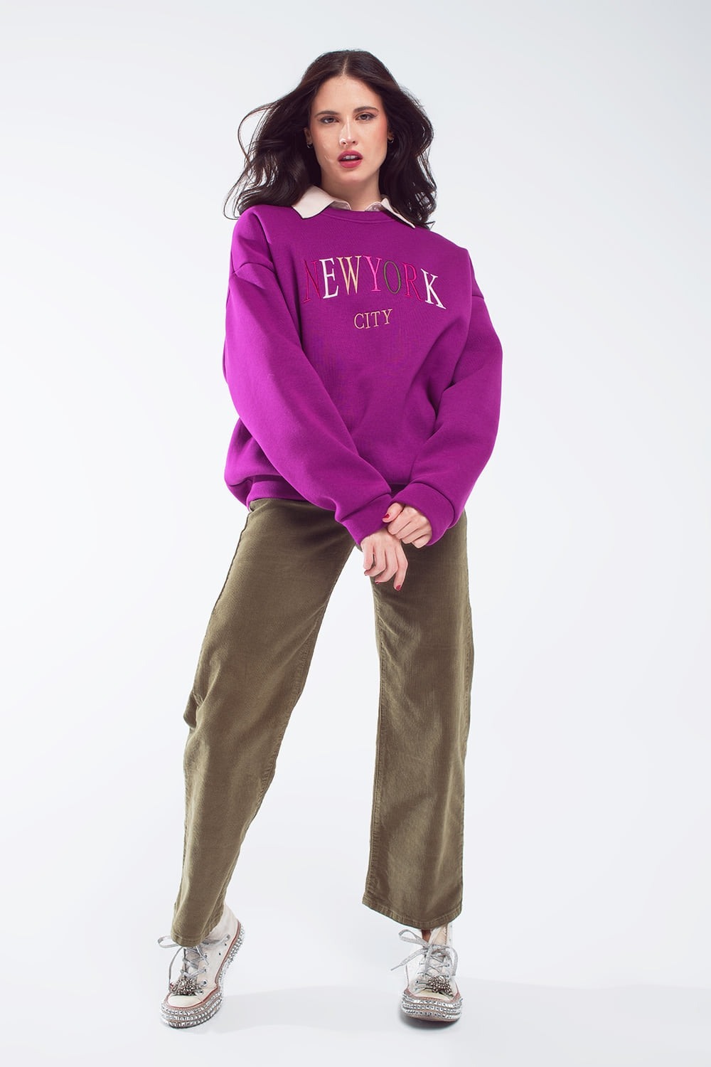 Cropped cord pants in khaki - Trousers